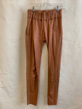 Womens, Leather Pants, N/L, Brown, Leather, Solid, 25/30, Leggings, 2 1/2" Elastic Waistband, Belt Loops, Gold Studs Down Side Seams