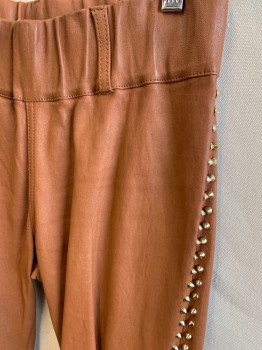 Womens, Leather Pants, N/L, Brown, Leather, Solid, 25/30, Leggings, 2 1/2" Elastic Waistband, Belt Loops, Gold Studs Down Side Seams