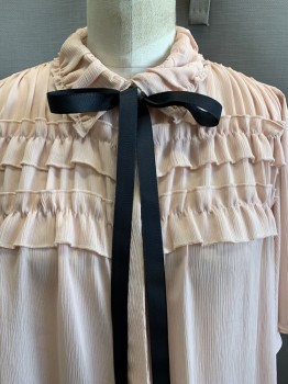 ZARA, Beige, Black, Polyester, Solid, S/S, Button Front, Collar Attached, Ruffled Collar And Chest, With Black Ribbon