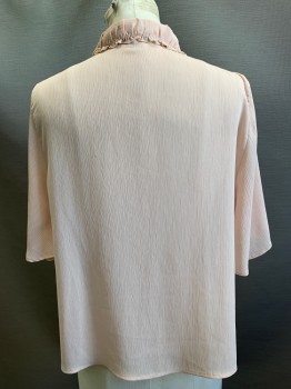 ZARA, Beige, Black, Polyester, Solid, S/S, Button Front, Collar Attached, Ruffled Collar And Chest, With Black Ribbon