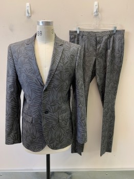 TOPMAN, Gray, Charcoal Gray, Polyester, Wool, Leaves/Vines , 2 Buttons, Single Breasted, Notched Lapel, 3pockets,