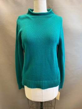 JCREW, Teal Green, Cotton, Solid, Long Sleeves, Rolled Moc-turtle Neck,