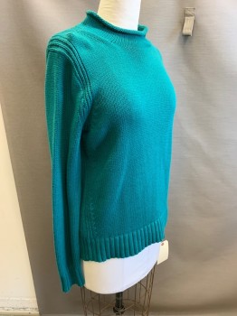 JCREW, Teal Green, Cotton, Solid, Long Sleeves, Rolled Moc-turtle Neck,