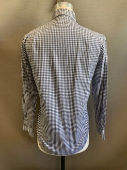 BARNEYS NY, Navy Blue, White, Black, Cotton, Gingham, Collar Attached, Button Front, Long Sleeves