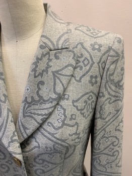 ESCADA, Heather Gray, Gray, Wool, Spandex, Paisley/Swirls, Single Breasted, 4 Buttons, Rounded Peaked Lapel, 2 Pockets, Gold/Gray Pearl Buttons