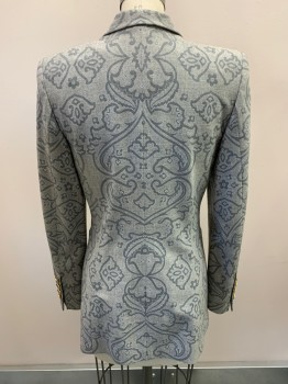 ESCADA, Heather Gray, Gray, Wool, Spandex, Paisley/Swirls, Single Breasted, 4 Buttons, Rounded Peaked Lapel, 2 Pockets, Gold/Gray Pearl Buttons