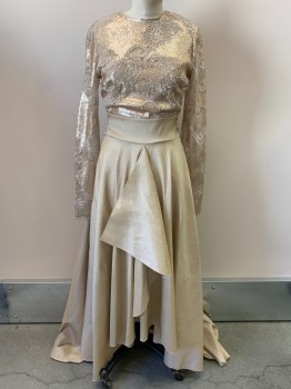 VA VA VOOM, Rose Gold Metallic, Beige, Polyester, Solid, Floral, Metallic Sequin Lace L/S, CN, Bodice, With Stretch Dupioni Skirt with Flounce CF, Short In Front Long In Back, Big Bow Tie Waist, Overlock Hem, Back Zipper,