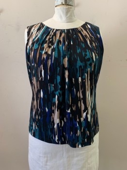 CALVIN KLEIN, Teal Blue, Black, Beige, Polyester, Spandex, Abstract , Round Neck, Slvls, Pleated Neck, Keyhole Back