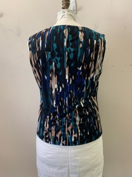 CALVIN KLEIN, Teal Blue, Black, Beige, Polyester, Spandex, Abstract , Round Neck, Slvls, Pleated Neck, Keyhole Back