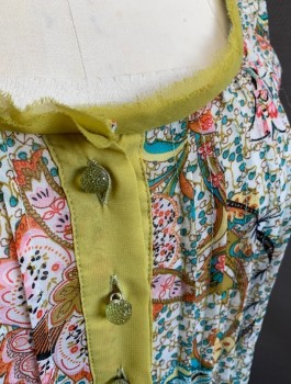 NICK & MO, White, Multi-color, Chartreuse Green, Turquoise Blue, Pink, Polyester, Floral, Sheer Chiffon, Scoop Neck, 6 Chartreuse Faceted Buttons at Front, Neckline, Placket and Cuffs are Chartreuse Solid Trim, Frayed Edge at Neckline, Vertical Pin Tucks in Front, Hem Above Knee