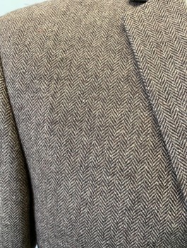 BAR III, Brown, Wool, Polyester, Herringbone, Single Breasted, Notched Lapel, 2 Buttons, 3 Pockets, 1 Vent