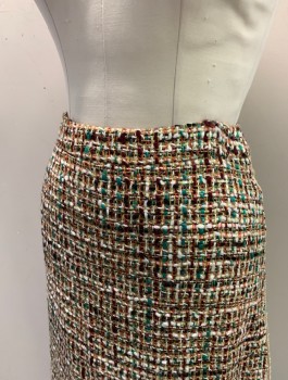 PRADA, Multi-color, Wool, Viscose, Speckled, Textured Boucle with White, Black, Orange, and Green Weave, 1.5" Wide Self Waistband, Tan Grosgran Stripe at Outseam, High End/Designer