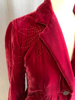 Womens, Coat, MARC JACOBS, Dk Red, Cotton, Solid, W26, B32, Velvet with Floral Embroidery, 3 Button Front, Collar Attached, Notched Lapel, 2 Pockets, Long Sleeves, Ankle Length, Late 90's/Early 00's,