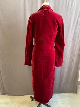 Womens, Coat, MARC JACOBS, Dk Red, Cotton, Solid, W26, B32, Velvet with Floral Embroidery, 3 Button Front, Collar Attached, Notched Lapel, 2 Pockets, Long Sleeves, Ankle Length, Late 90's/Early 00's,