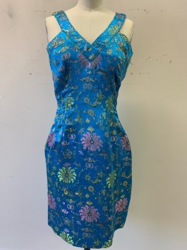 N/L, Teal Blue, Gold, Purple, Green, Polyester, Silk, Floral, Sleeveless, V Neck, Bodycon Fit, Side Zipper
