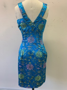 N/L, Teal Blue, Gold, Purple, Green, Polyester, Silk, Floral, Sleeveless, V Neck, Bodycon Fit, Side Zipper