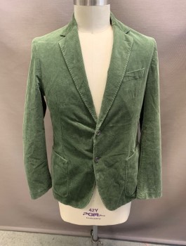 HUGO BOSS, Dk Green, Cotton, Elastane, Corduroy, Notched Lapel, Single Breasted, Button Front, 2 Buttons, 3 Pockets