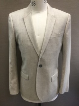 TOPMAN, Oatmeal Brown, Gray, Polyester, Rayon, Heathered, Oatmeal with Gray Streaks/Heather, Single Breasted, Peaked Lapel, 1 Button, 3 Pockets, Slim Fit