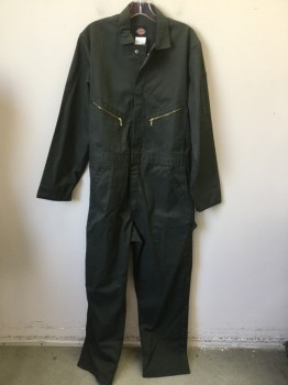 Mens, Coveralls/Jumpsuit, DICKIES, Olive Green, Polyester, Cotton, Solid, M-REG, Olive, Notched Lapel, Gold Zip Front, 2 Hidden Snap Front, 2 Pockets with Gold Slant Zipper Top, & 4 Pockets Bottom, Long Sleeves with 1 Pocket on Right Arm