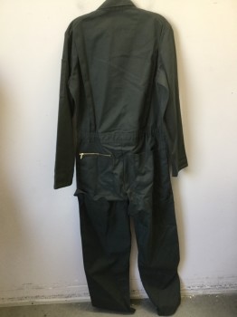 Mens, Coveralls/Jumpsuit, DICKIES, Olive Green, Polyester, Cotton, Solid, M-REG, Olive, Notched Lapel, Gold Zip Front, 2 Hidden Snap Front, 2 Pockets with Gold Slant Zipper Top, & 4 Pockets Bottom, Long Sleeves with 1 Pocket on Right Arm