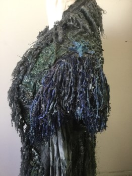 Womens, Sci-Fi/Fantasy Piece 1, MTO, Dk Blue, Bronze Metallic, Gray, Blue, Polyester, Silicone, Novelty Pattern, W30, B40, 2 Pieces, Underdress with Long Sleeves, Button Front with Natural Pearl Buttons and Drawstring Neck, Yarn and Sea Shells on Dress, Synthetic 2 Color Weave Taffeta at Hem