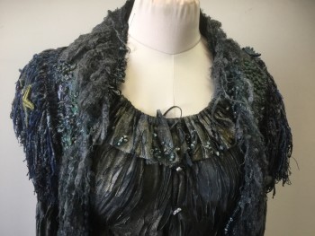 Womens, Sci-Fi/Fantasy Piece 1, MTO, Dk Blue, Bronze Metallic, Gray, Blue, Polyester, Silicone, Novelty Pattern, W30, B40, 2 Pieces, Underdress with Long Sleeves, Button Front with Natural Pearl Buttons and Drawstring Neck, Yarn and Sea Shells on Dress, Synthetic 2 Color Weave Taffeta at Hem