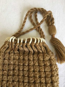 Womens, Purse 1890s-1910s, N/L, Caramel Brown, Cotton, Honeycomb Texture Woven, Tassel Bottom, with Cream Rings, Drawstring Top,