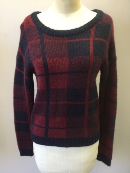 AQUA, Navy Blue, Maroon Red, Acrylic, Plaid, Navy & Maroon Oversized Plaid Pattern Knit, Wide Scoop Neck, Long Sleeves