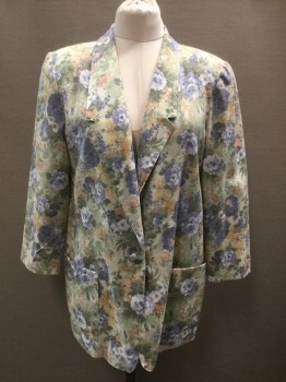 FUNDAMENTAL THINGS, Olive Green, Mint Green, Purple, White, Rayon, Linen, Floral, Single Breasted, C.A., Notched Lapel, 2 Pckts, 3/4 Sleeve