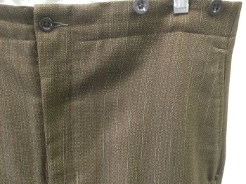 Mens, Pants 1890s-1910s, TWENTIETH CENTURY CO, Brown, Red, Green, Tan Brown, Wool, Stripes, 34/27, Made To Order, Flat Front, Suspender Buttons, Button Fly,  Woven Stripes, Pockets,