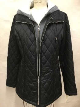 Womens, Coat, Winter, Vince Camuto, Black, Gray, Nylon, Cotton, Diamonds, S, Poly Fill Quilted Outer Zip Front Jacket , Stitched In Fake Zip Front Hoody, 2 Pockets, Side Belt Insert Detail,
