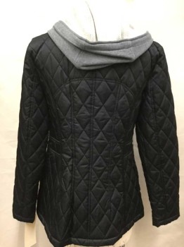 Womens, Coat, Winter, Vince Camuto, Black, Gray, Nylon, Cotton, Diamonds, S, Poly Fill Quilted Outer Zip Front Jacket , Stitched In Fake Zip Front Hoody, 2 Pockets, Side Belt Insert Detail,
