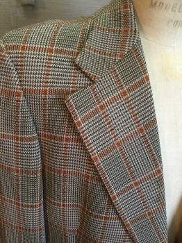 Mens, Blazer/Sport Co, Orbach's, Olive Green, Orange, Brown, Gray, Plaid, 46, Single Breasted, Collar Attached, Notched Lapel, 3 Pockets