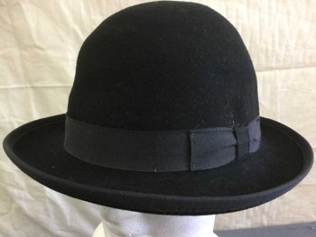 Mens, Bowler Hat 1890s-1910s, ACE HY SALES, Black, Wool, Solid, M, Black Grosgrain Band and Bow,