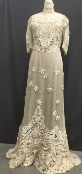 Womens, Evening Dress 1890s-1910s, Ecru, Cotton, Floral, B 36, 6, W 28, Lace Overdress with Train, 1/2 Sleeves, High Neck, Hook & Eyes and Snap Close Back, Coral Pink Seed Beads At Neck, Large Openwork Needs A Pick Up Stitch Here and There But Overall  In Excellent Condition,