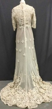 Womens, Evening Dress 1890s-1910s, Ecru, Cotton, Floral, B 36, 6, W 28, Lace Overdress with Train, 1/2 Sleeves, High Neck, Hook & Eyes and Snap Close Back, Coral Pink Seed Beads At Neck, Large Openwork Needs A Pick Up Stitch Here and There But Overall  In Excellent Condition,