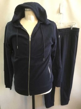 Mens, Sweatsuit Jacket, ZARA, Navy Blue, Cotton, Polyester, Solid, L, Jersey, Long Sleeves, Zip Front, Hooded, Self Ribbed Panels at Sleeves, Sides of Waist