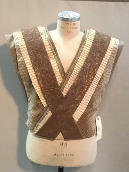 Mens, Vest, NO LABEL, Bronze Metallic, Champagne, Tan Brown, Taupe, Brown, Polyester, Leather, Novelty Pattern, 40, Layered Specialty Fabrics, Crinkled Leather, Rubber Splatter Abstract Print, Suiting Material, Criss Cross Front and Back, Velcro At Waist, Interior Buttons, Shoulder Pads, Egyptian/Egypt 