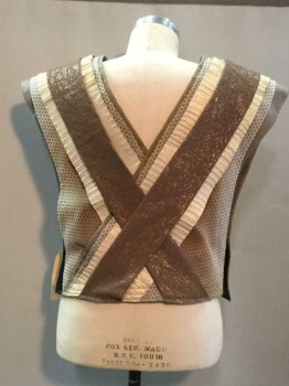Mens, Vest, NO LABEL, Bronze Metallic, Champagne, Tan Brown, Taupe, Brown, Polyester, Leather, Novelty Pattern, 40, Layered Specialty Fabrics, Crinkled Leather, Rubber Splatter Abstract Print, Suiting Material, Criss Cross Front and Back, Velcro At Waist, Interior Buttons, Shoulder Pads, Egyptian/Egypt 