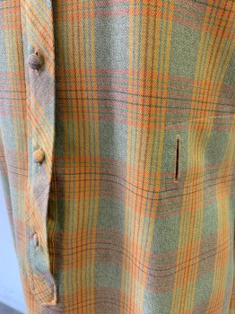 LADY BAYARD, Yellow, Orange, Lime Green, Polyester, Plaid, Short Sleeve,  5 Buttons Center Front, Collar Attached, Pullover, Has Button Holes for a Belt  *NO Belt**