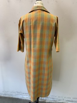 LADY BAYARD, Yellow, Orange, Lime Green, Polyester, Plaid, Short Sleeve,  5 Buttons Center Front, Collar Attached, Pullover, Has Button Holes for a Belt  *NO Belt**