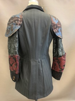 Mens, Jacket, COMME Des GARCONS, Black, Red Burgundy, Teal Blue, Gray, Copper Metallic, Polyester, Silk, Stripes - Vertical , Paisley/Swirls, S, 36, Long Sleeves, Long Line, 3 Buttons With Rhinestones, Detachable Sleeves, Brocade/Embroidery Sleeves, 3 Buttons At Cuff, Black Velor Collar, Lace Up Sides, Left Shoulder Has Snap Tape
