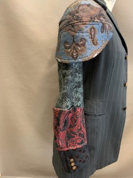 Mens, Jacket, COMME Des GARCONS, Black, Red Burgundy, Teal Blue, Gray, Copper Metallic, Polyester, Silk, Stripes - Vertical , Paisley/Swirls, S, 36, Long Sleeves, Long Line, 3 Buttons With Rhinestones, Detachable Sleeves, Brocade/Embroidery Sleeves, 3 Buttons At Cuff, Black Velor Collar, Lace Up Sides, Left Shoulder Has Snap Tape