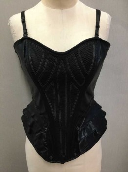 Womens, Sci-Fi/Fantasy Corset, LIP SERVICE, Black, Gray, Cotton, Spandex, Abstract , M, Black Waxed Metallic Canvas, W/Black Mesh Panel At Center W/Gray Geometric Stitching, Spaghetti Straps, Boned, Silver Bolts On Curved Seams At Hips W/Ruffles, Sweetheart Bust, Back Zipper