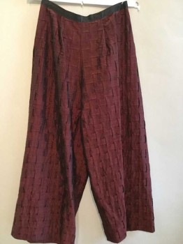 Wine Red, Silk, Basket Weave, Grosgrain Waistband, Raised Basket Weave Texture, Wide Leg and Hem, Single Pleat Front, and Box Pleat At Center Back Waist Opening