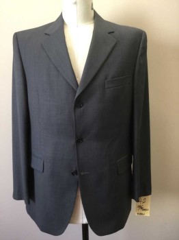 LANZA MALIBU, Slate Blue, Wool, Solid, Single Breasted, 3 Buttons,  3 Pockets, Notched Lapel, Textured Weave