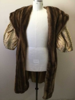 Mens, Historical Fiction Coat, ZOYA COSTUMES, Beige, Ivory White, Lt Gray, Yellow, Gold, Silk, Faux Fur, Animals, Stripes, 42, Puffy Short Sleeves, Faux Mink Fur Collar and Lapel, Brocade Birds with Gold Stripe Trim, King Henry, Kings of England, Royalty