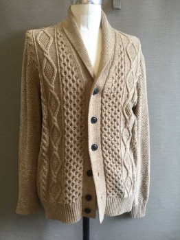 GAP, Lt Brown, Cotton, Polyester, Heathered, Shawl Collar, 6 Buttons, Rib Knit Cuffs and Hem, Vertical Mixed Knit Design Front