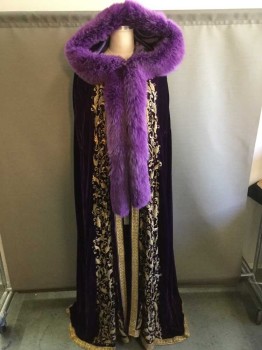 Womens, Historical Fiction Cape, MTO, Purple, Violet Purple, Gold, Synthetic, Fur, Solid, Floral, O/S, Purple Cape with Hood, Violet Real Fur Trim Along Hood and Down Center Front, Gold Floral Bullion Down Center Front, Gold Ribbon Trim Down Center Front and Hem, Hood and Center Back Are 'smocked', Hood Finished Off with Medallion of Gold Bullion, Fur Hook and Eye Plus Cape Ties, Sci-Fi/Fantasy,
