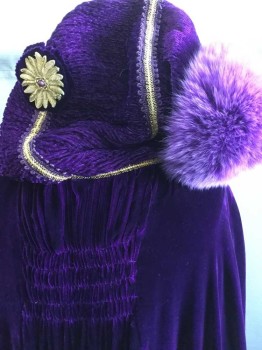Womens, Historical Fiction Cape, MTO, Purple, Violet Purple, Gold, Synthetic, Fur, Solid, Floral, O/S, Purple Cape with Hood, Violet Real Fur Trim Along Hood and Down Center Front, Gold Floral Bullion Down Center Front, Gold Ribbon Trim Down Center Front and Hem, Hood and Center Back Are 'smocked', Hood Finished Off with Medallion of Gold Bullion, Fur Hook and Eye Plus Cape Ties, Sci-Fi/Fantasy,